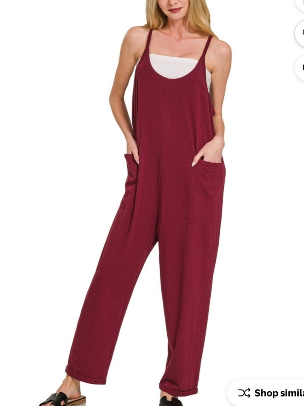 Zenana L/XL Casual Spaghetti Strap Jumpsuit in Wine